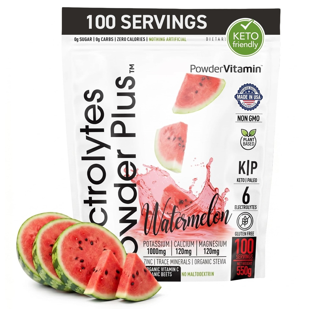 Σκόνη Vitamin Ηλεκτρολύτες σκόνη Plus (100 σερβίρεται) Καρπούζι Ηλεκτρολύτη σκόνη, Zero θερμίδες, Keto, 0 Ζάχαρη, Όχι Μαλτοδεξτρίνη, 1000mg Κάλιο, 120mg Ασβέστιο, 120mg Μαγνήσιο, Ενυδατική ενέργεια Powde