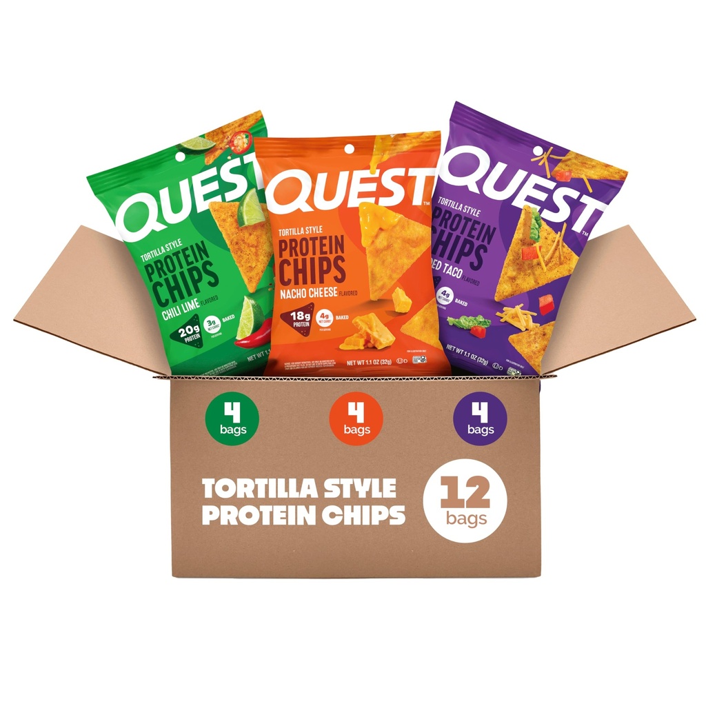 Quest Διατροφή Tortilla Style Protein Chips Variety Pack, Chili Lime, Nacho Τυρί, Φορτωμένο Taco, Χαμηλός Καρβίνος, Υψηλή Πρωτεΐνη, Χωρίς Γλουτένη, 1,1 oz (πακέτο των 12)