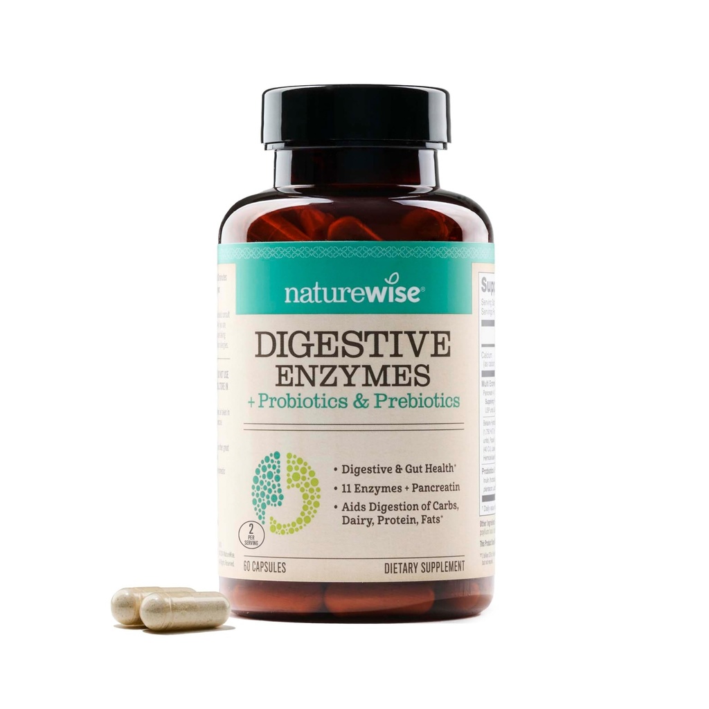 NatureWise Digestive Enzymes - Multi Enzymes with Probiotics + Prebiotics - Post Mealtime Comfort & Bloating Support + Aids Digestion and Gut Health - Soy-Free, Non-GMO - 60 Κάψουλες[1-Month Supply]