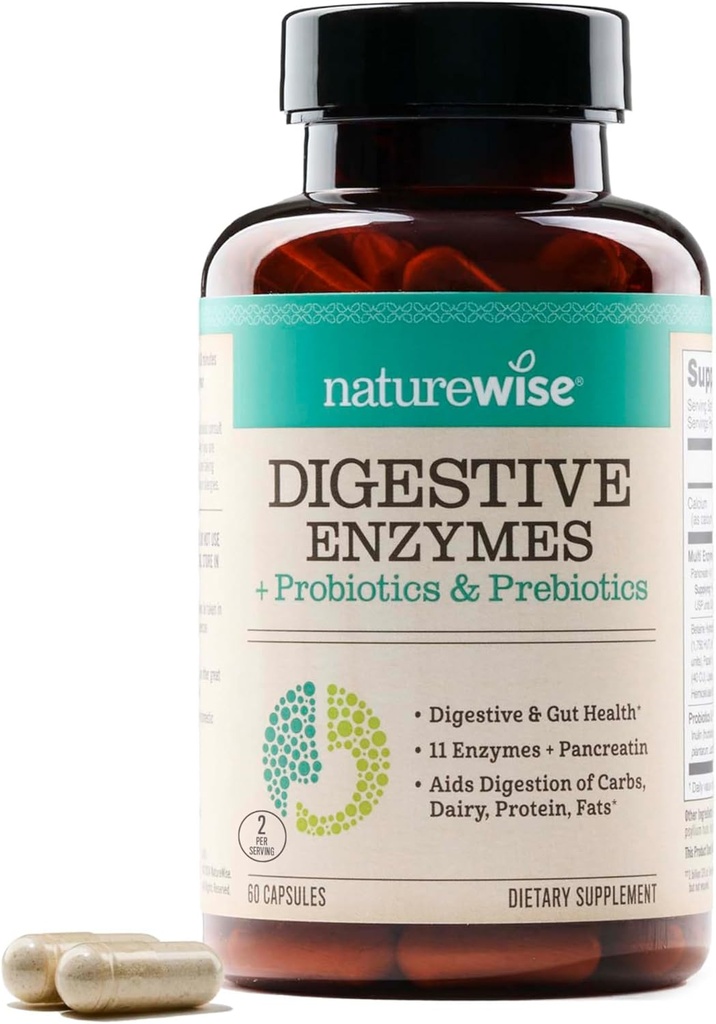 NatureWise Digestive Enzymes - Multi Enzymes with Probiotics + Prebiotics - Post Mealtime Comfort & Bloating Support + Aids Digestion and Gut Health - Soy-Free, Non-GMO - 60 Κάψουλες[1-Month Supply]