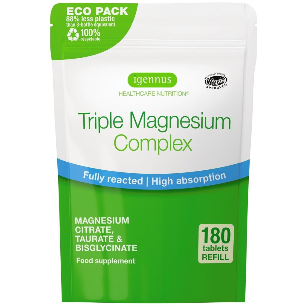 Igennus Superior Triple Magnesium Complex, Πλήρως Αντιδραστικό & Χηλικό Γλυκινικό, Ταυρικό & Κιτρικό, Καθαρό Ετικέτα, Υψηλή βιοδιαθεσιμότητα & Απορρόφηση, 180 δισκία, Vegan, Μη Μπουφερμένο