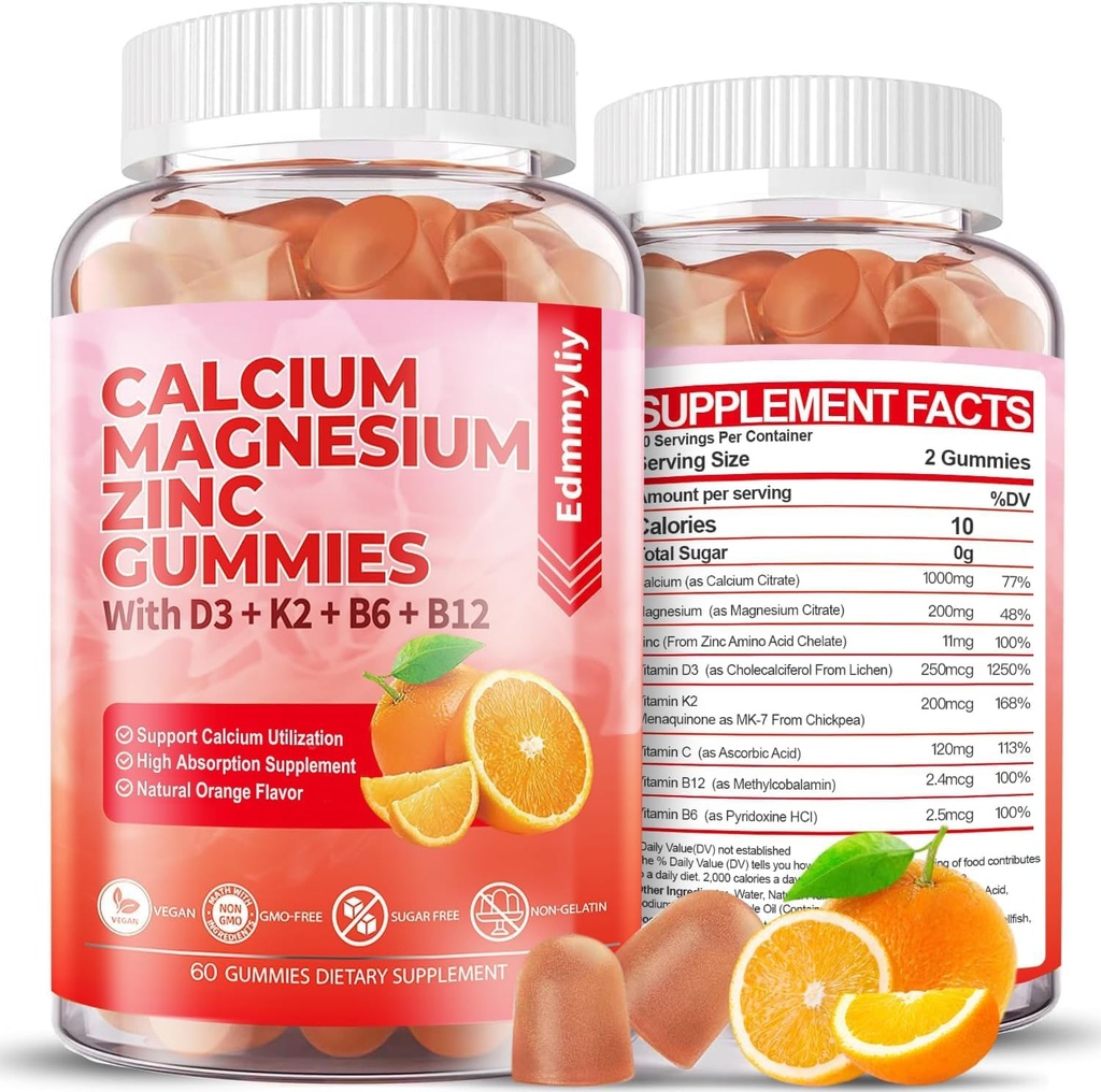 Sugar Free Calcium Magnesium Zinc Supplement Gummies with Vitamin D3 & B12 for Women and Men High Absorption Calcium Magnesium Supplement for Immune Support (120 Counts)