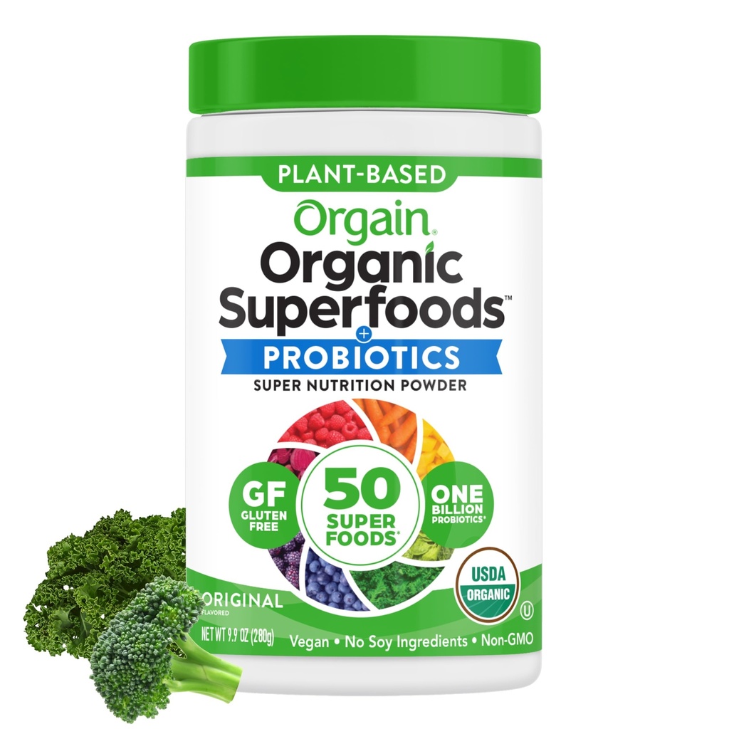 Orgain Organic Greens Powder + 50 Superfoods, Original - 1 δις Probiotics για Digestive Health, Antioxidants, Vegan, Plant-based, Gluten-free, Non-GMO, Green Juice & Smoothie Drink Mix - 0,62lb