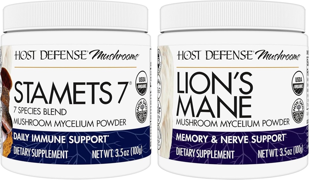 Host Defense Bundle with Stamets 7 Mushroom Powder, 3.5 oz & Lion's Mane Powder, 3.5 oz - Υποστήριξη Ανοσολογικής Υγείας με 7 είδη Blend - Υποστήριξη Εγκεφαλική Υγεία, Μνήμη & Εστίαση*