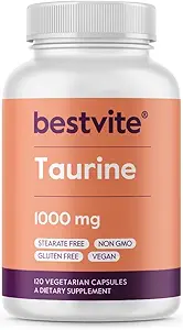 BESTVITE Taurine 1000mg (120 κάψουλες χορτοφάγων) - Δεν Stearates - Δεν Fillers - Δεν Flow Agents - Vegan - Μη ΓΤΟ - Χωρίς γλουτένη