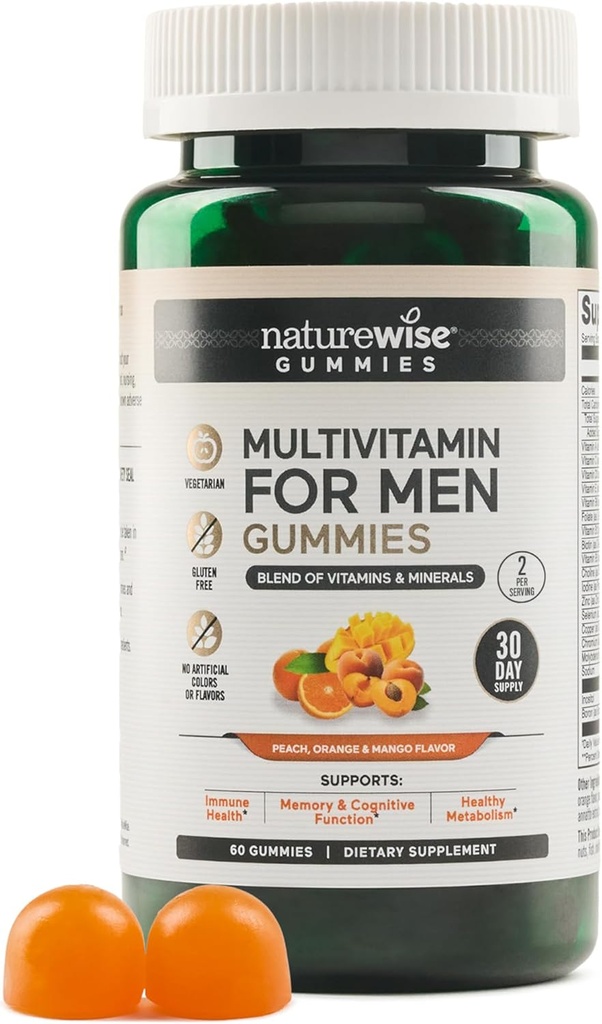 NatureWise Multivitamin for Men, Gummies Peach Mango Flavor, for Immune Health with Minerals & Vitamin A, C, D, E, B6 and B12, Vegetarian, Soy-Free, Non-GMO, 60 Count[1-Month Supply]