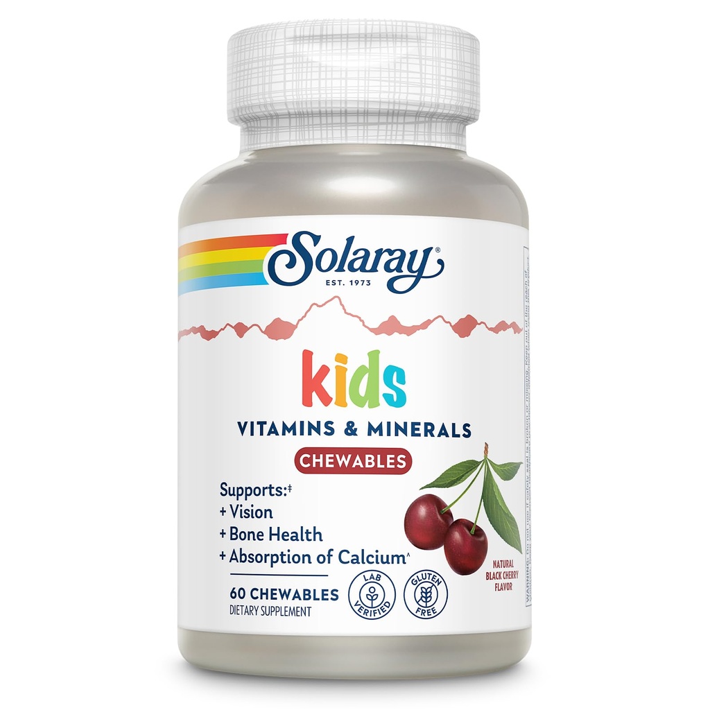 SOLARAY Childrens Βιταμίνες & Ορυκτά Πλήρης πολυβιταμίνη για παιδιά Μεγάλη μαύρη γεύση κεράσι (076280047974) (60 μάσημα, 30 Serv)