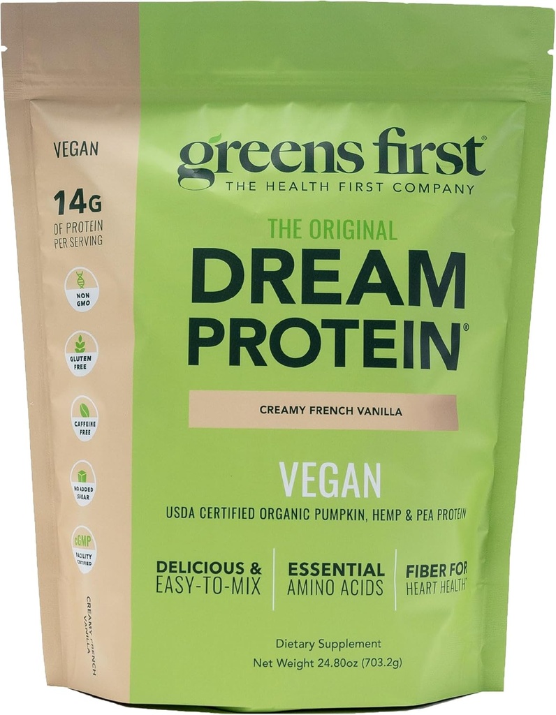 Greens First Dream Protein Plant-Based Vegan Powder - USDA Organic Pumpkin, Hemp & Pea Protein - Gluten-Free, Non-GMO, No Added Sugar (Creamy French Vanilla, 24.8 oz)