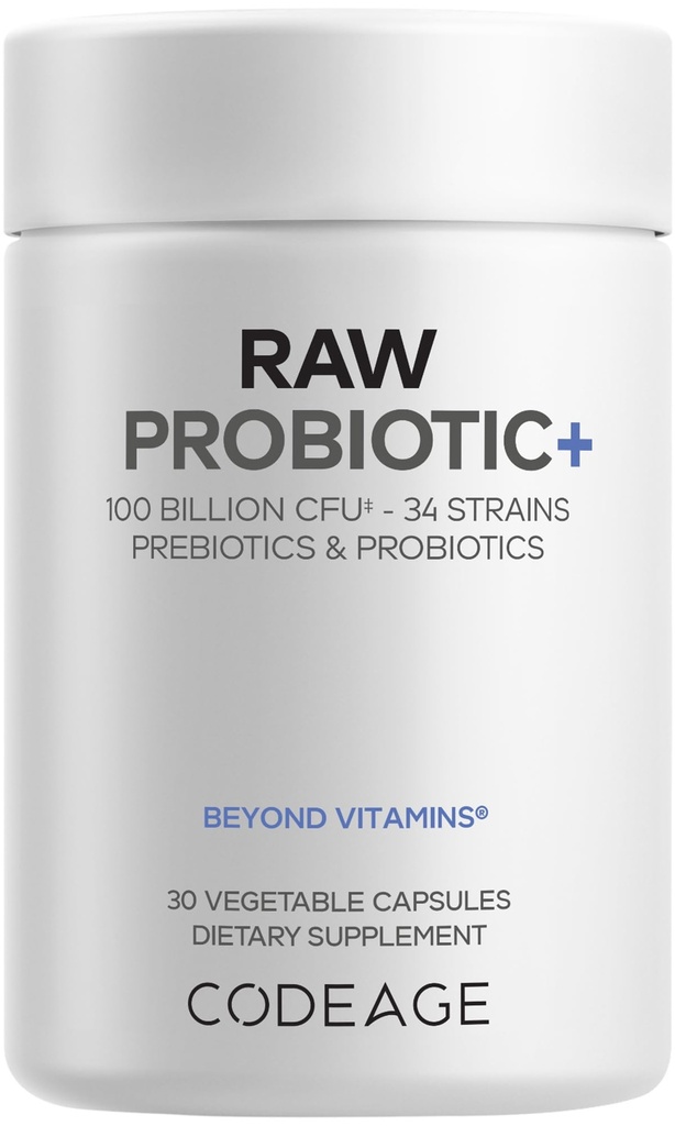 Codeage Raw Probiotic+ – 100 Billion CFU Probiotic Supplement with 34 Strains, Prebiotics & Digestive Enzymes, Wild Kefir Culture, Non-GMO – 30 Capsules