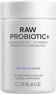 Codeage Raw Probiotic+ Συμπλήρωμα - 34 Probiotic Strains, 100 Billion CFUs, Raw Whole Food Probiotics, Digestive Enzymes, Raw Fruits & Veggies Prebiotics - Wild Kefir Culture - Non-GMO - 30 Κάψουλες