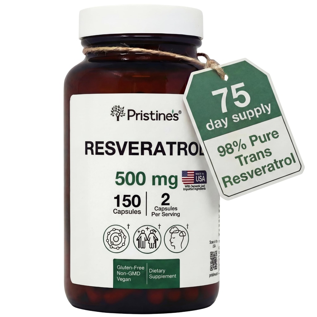 PRISTINE'S Resveratrol 500MG 75 Day Supply Anti Aging Antioxidant & Heart Health Supplement Capsules - Brain & Lung Health Benefits