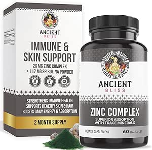 Zinc Complex Capsules with Enhanced Absorption, Antioxidant & Immune Support Supplement, Zinc Supplement for Men & Women by Ancient Bliss (60 Capsules)