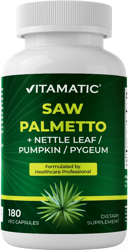 Vitamatic Saw Palmetto Extract for Men & Women 180 κάψουλες Veg - Φτιαγμένα με κολοκύθα, Pygeum, Nettle Leaf - Made in The USA - Προάγει υγιή λειτουργία Prostate