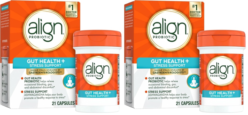 Ευθυγράμμιση Probiotic, Digestive De-Stress, Probiotic για γυναίκες και άνδρες με Ashwagandha, Βοηθά με μια υγιή απάντηση στο άγχος, Χωρίς γλουτένη, Χωρίς σόγια, Χορτοφαγικά, 21 κάψουλες (πακέτο των 2)