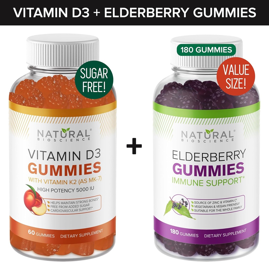 Χωρίς ζάχαρη Βιταμίνη D Gummies (60 Gummies) και Elderberry Gummies (180 Gummies) – Immune Support Bundle, Gelatin-free, Gluten-free, χορτοφάγοι, όλα φυσικά, μεγάλη γεύση