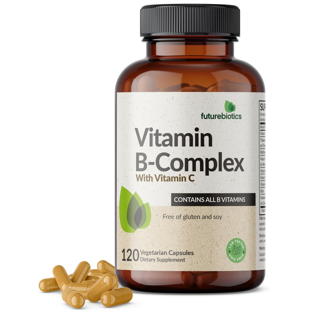 Futurebiotics Vitamin B Complex with Vitamin C Υποστηρίζει την παραγωγή ενέργειας, νευρικό σύστημα & ανοσοποιητική υποστήριξη - μη ΓΤΟ, 120 κάψουλες χορτοφάγων