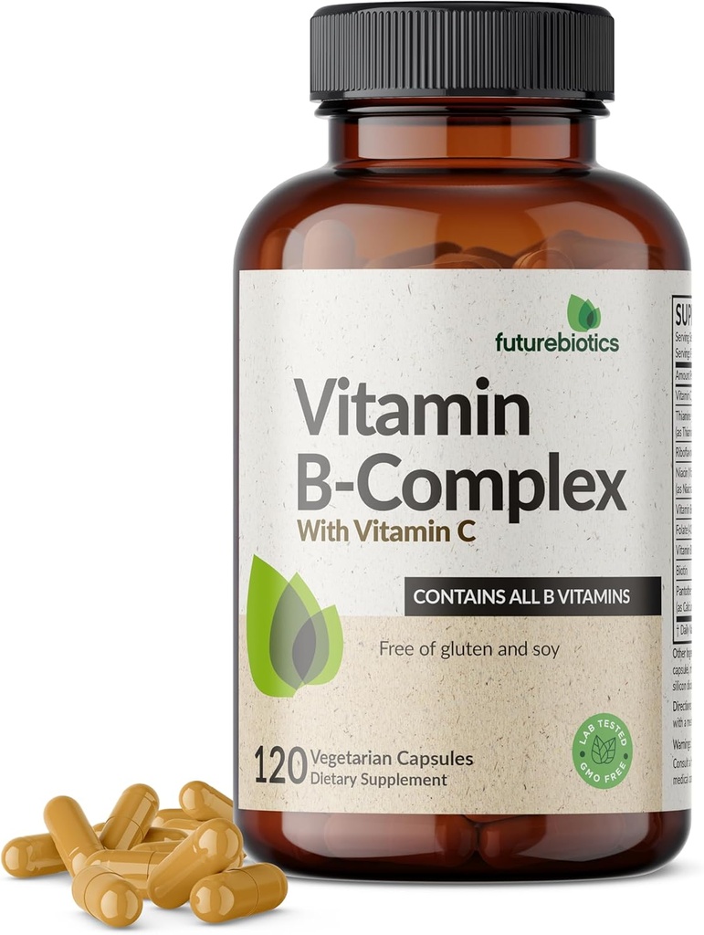 Futurebiotics Vitamin B Complex with Vitamin C Υποστηρίζει την παραγωγή ενέργειας, νευρικό σύστημα & ανοσοποιητική υποστήριξη - μη ΓΤΟ, 120 κάψουλες χορτοφάγων