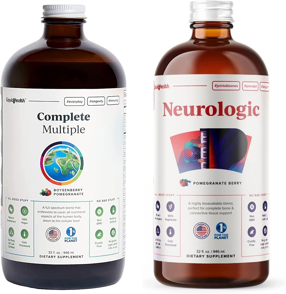 LIQUIDHEALTH Complete Multiple Daily Multivitamin & Neulogic Nootropic Liquid Vitamin Bundle for Adults - Ενισχύστε την Ανοσολογική Υποστήριξη, Βελτιώστε τη Μνήμη, Εστίαση & Συγκέντρωση - Vegan, Μη ΓΤΟ, Made in USA
