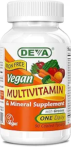 DEVA Vegan Multivitamin and Mineral Supplement - One Daily Vitamin Formula with Greens - Iron Free - 90 Coated Tablets, 1-Pack