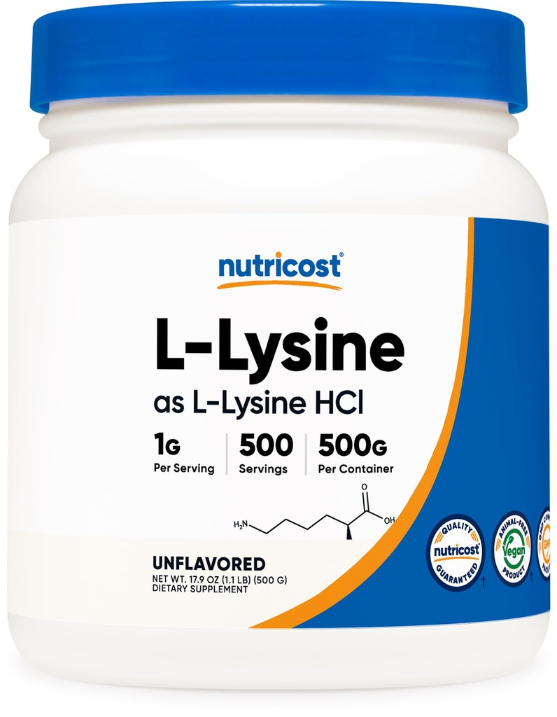 Nutricost L-Lysine Powder 500 Grams - Αμιγής L-Lysine, Μη ΓΤΟ, Χωρίς Γλουτένη
