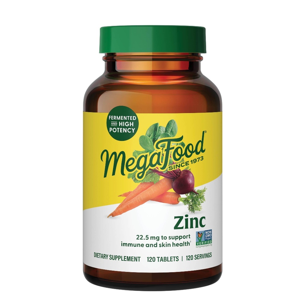 MegaFood Zinc Συμπληρώματα - Vegan Immune Support Supplement with 22,5 mg Υψηλής ισχύος ζυμωμένος ψευδάργυρος - Made with Real Food - Χωρίς γλουτένη, Kosher - 120 Tablets, 120 Servings