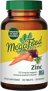 MegaFood Zinc Συμπληρώματα - Vegan Immune Support Supplement with 22,5 mg Υψηλής ισχύος ζυμωμένος ψευδάργυρος - Made with Real Food - Χωρίς γλουτένη, Kosher - 120 Tablets, 120 Servings