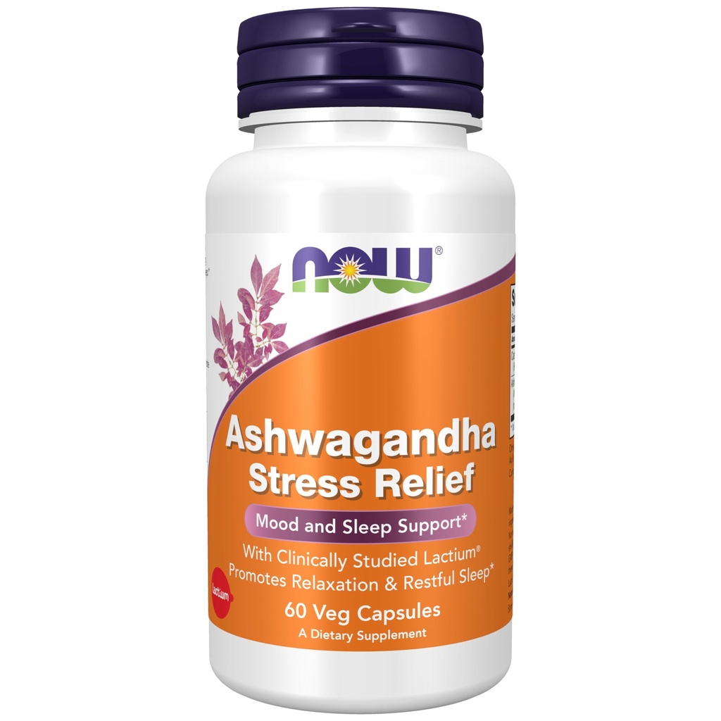 NOW Συμπληρώματα, Ashwagandha Stress Relief, Mood and Sleep Support*, με Clinically Studied Lactium®, Προωθεί την χαλάρωση και τον ξεκούραστο ύπνο*, 60 Veg Κάψουλες