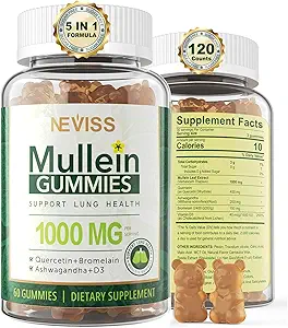 NECISS Mullein Gummies for Lungs, Organic Mullein Leaf Extract 1000mg για αναπνευστικό σύστημα με Quercetin & Bromelain, D3 για Digestive Support, Immune Booster, Sugar Free, Vegan, 120 Count
