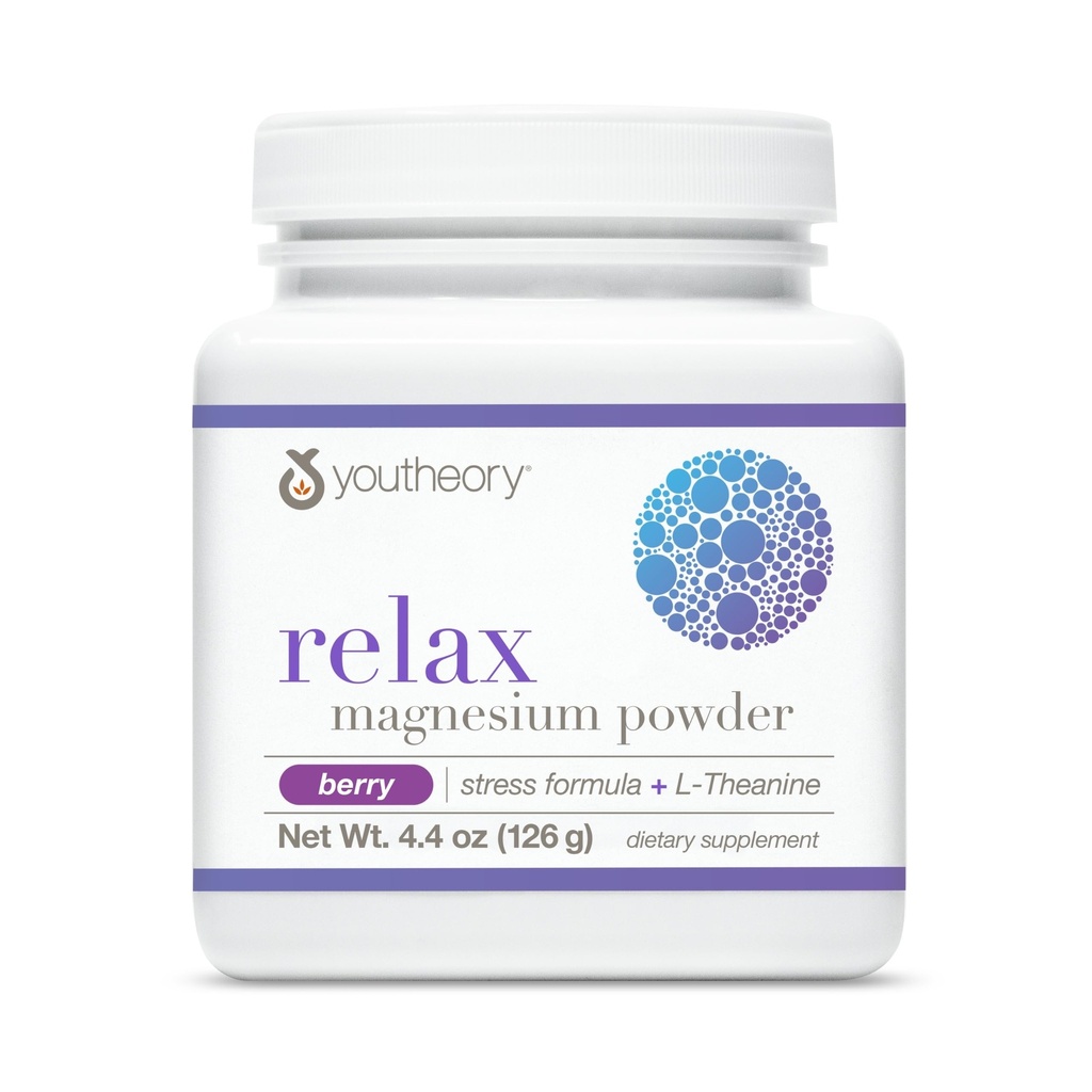 Youtheory Relax Magnesium Powder - Vegan Stress Relief Supplement with L-Θεανίνη & GABA* - Υποστηρίζει Χαλάρωση* - Γαλακτοκομικά, Σόγια & Γλουτένη Χωρίς - Berry, 4.4 oz