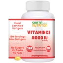 SHIFAA NUTRITION Halal Vitamin D, Halal Vitamin D3, 5000 IU Softgels, 120 Servings. Non-GMO, Gluten-Free, Supports: Structure, Bones, Teeth, Heart, Muscle & Immune Functions