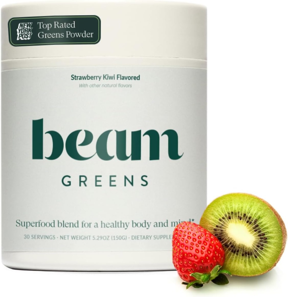 Beam Greens σκόνη, Superfood συμπλήρωμα για την υγεία των ούρων, Vegan οργανική ανάμειξη με Ashwagandha, βιταμίνη C, B12, B6, D, μη-GMO καθημερινή Detox & ανοσοποιητική υποστήριξη, Φράουλα Kiwi Γεύση - 30 Υπηρεσίες