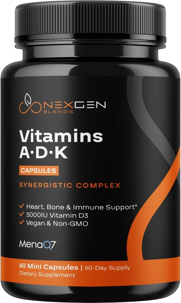 High Absorption ADK Vitamin Supplement - Vegan Vitamin D3 K2 MK7 & A for Calcium Regulation Plus Bone Heart Thyroid & Immune Support - Vitamin ADK with 5000IU D3 Non GMO & Gluten Free (2 Months)