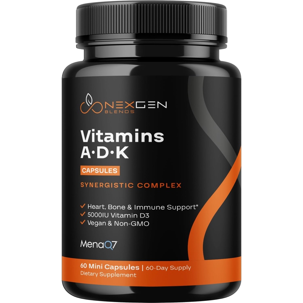 High Absorption ADK Vitamin Supplement - Vegan Vitamin D3 K2 MK7 & A for Calcium Regulation plus Bone Heart Thyroid & Immune Support - Vitamin ADK with 5000IU D3 Non GMO & Gluten Free (2 Months)