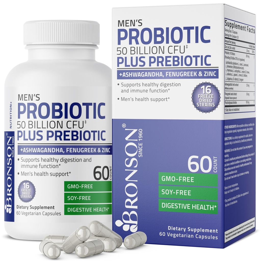 Bronson Men's Probiotic 50 Billion CFU Plus Prebiotic with Ashwagandha, Fenugreek & Zinc, Supports Healthy Digestion & Immune Function Non-GMO, 60 Vegetarian Capsules