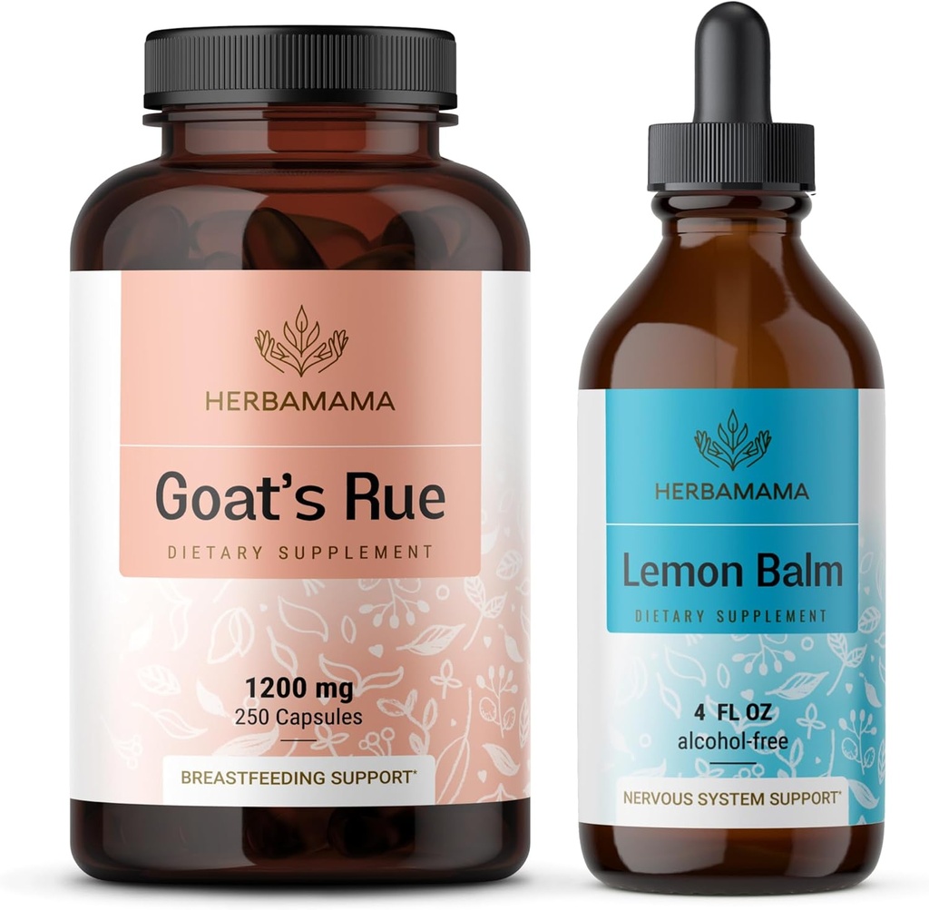 HERBAMAMA Goat's Rue and Lemon Balm Kit - Bundle των 1200 mg Goat's Rue Capsles & Lemon Balm Liquid Drops 4 fl oz - Vegan, Non-GMO, Sugar & Alcohol-Free - 2 Pack