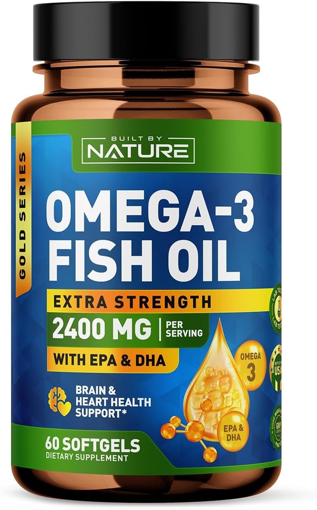 Fish Oil Omega 3 Soft Gels - 2400 mg Fish Oil, 1440 mg Omega 3, 864 mg EPA, 576 mg DHA - Extra Strength Brain & Heart Health Supplement - 60 Softgels