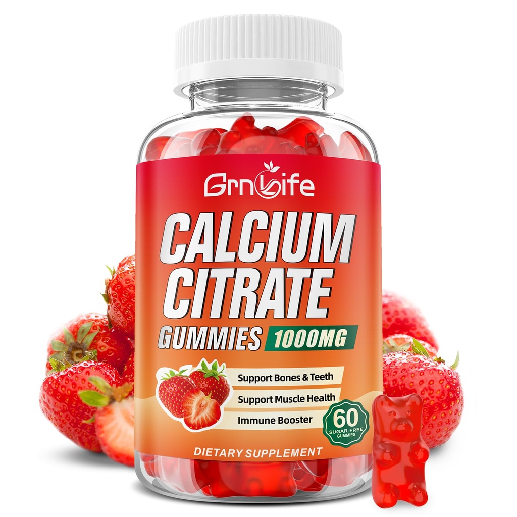 Κιτρικό ασβέστιο Gummies, χωρίς ζάχαρη Κιτρικό ασβέστιο 1000mg για τους μυς υγιή, Απορρόφηση Συμπληρώματα ασβεστίου για ενήλικες & παιδιά, Φράουλα, 60 Count