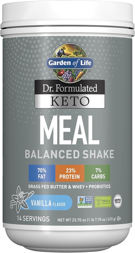 Κήπος της ζωής Dr. Formulated Keto γεύμα Ισορροπημένη Shake - Βανίλια σκόνη, 14 εξυπηρετούν, πραγματικά χόρτο Fed Butter & Whey πρωτεΐνη συν προβιοτικά, μη-GMO, χωρίς γλουτένη, Κετογόνο, Παλαιό γεύμα αντικατάσταση