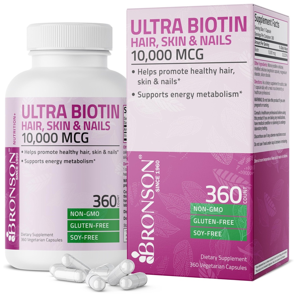 Bronson Ultra Biotin 10.000 McG Hair Skin and Nails Supplement, Μη ΓΤΟ, 360 Χορτοφαγική Κάψουλα