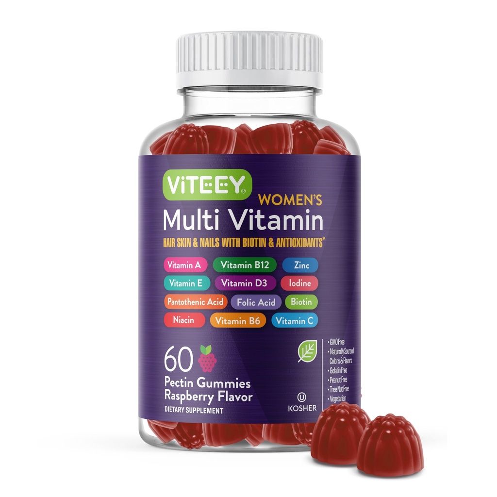 Viteey Women Multivitamin Gummies - Immune Support - 12 in 1 Essential Vitamins & Minerals - Βιταμίνη A, C, D3, E, B6, B12, Folic Acid, Biotin, Calcium, Zinc & More - Vegetarian - Βατόμουρο Γεύση