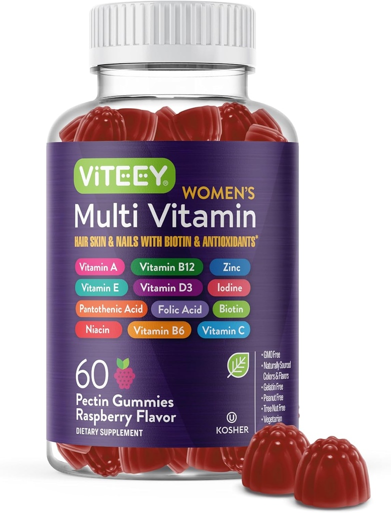 Viteey Womens Multivitamin Gummies - Immune Support - 12 in 1 Essential Vitamins & Minerals - Vitamin A, C, D3, E, B6, B12, Folic Acid, Biotin, Calcium, Zinc & More - Vegetarian - Raspberry Flavored