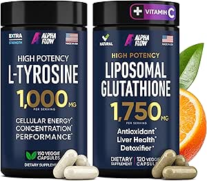 (Bundle) L Tyrosine 1000mg & Liposomal Glutathione 1750mg - All-Natural Focus, Energy, and Liver Support - Non-GMO, Gluten-Free, Vegan - 270 Capsules Total