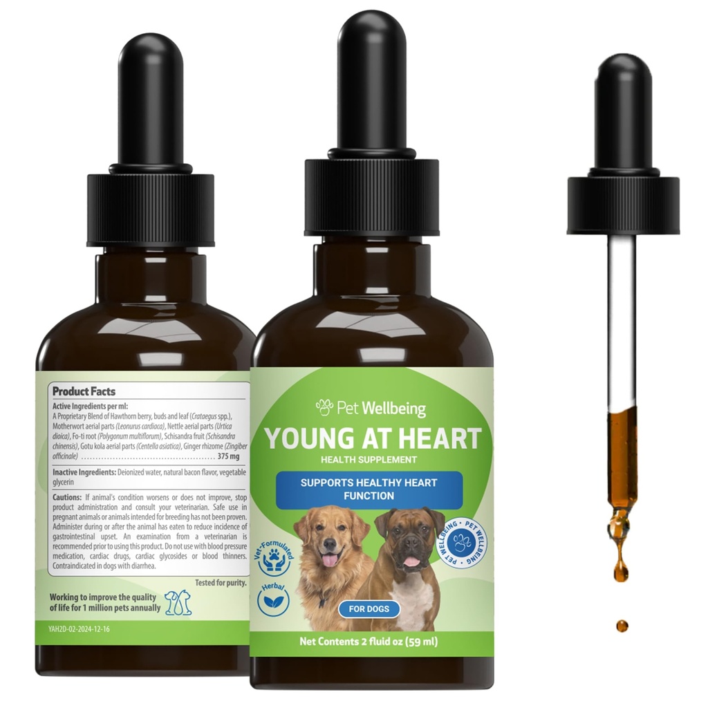 Pet Wellbeing Young at Heart for Dogs - Senior Heart Health Support, Cardiovascular Wellness with Hawthorn & Motherwort - NASC Certified & Vet-Formulated - 2 oz Liquid Formula