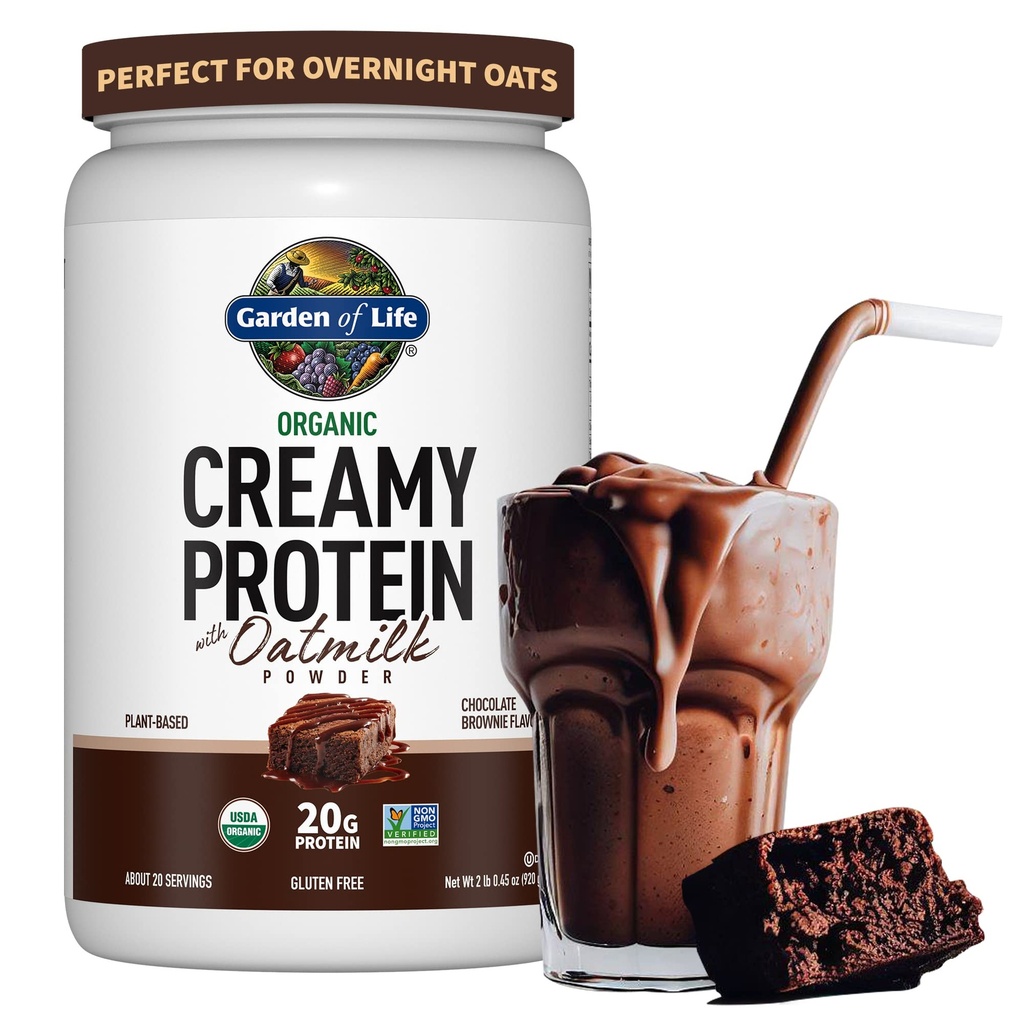 Garden of Life Creamy Plant Protein + Oat Milk Powder + Chocolate Flavor Vegan Protein Powder – Plant Based, Prebiotics & Probiotics, Gluten-Free, Non-GMO, Chocolate Brownie Flavor, 2 LBS