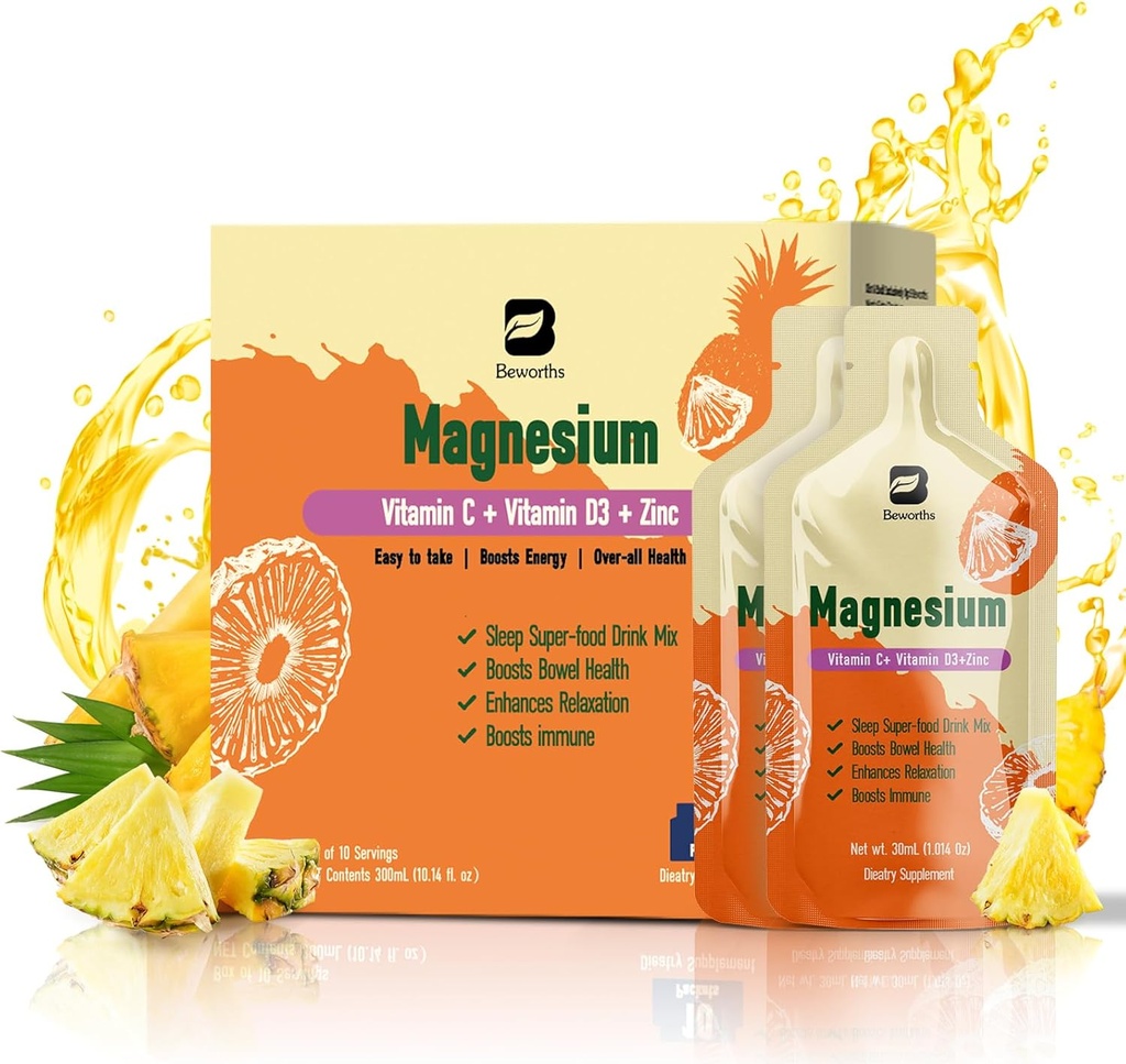 Magnesium Citrate Liquid Supplement, with Bromelain, Vitamin C, D3, B6, Zinc, High Absorption Magnesium Citrate Oral Solution, Magnesium for Constipation, Zzz & Energy, Pineapple, 10 Fl Oz