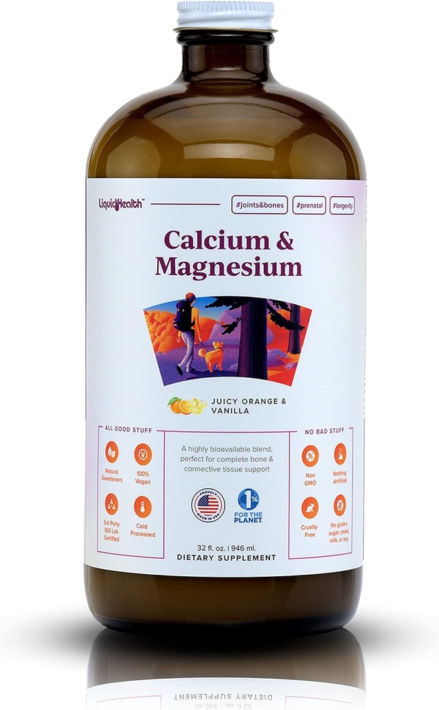 LIQUIDHEALTH Calcium & Magnesium Adult Liquid Vitamin Supplement - Οστό, αρθρώσεις, μύες, Connective Tissue Support, Heart Health, Essential Nutrients - Made in the USA, Vegan, Non GMO, No Sugar (32 oz)
