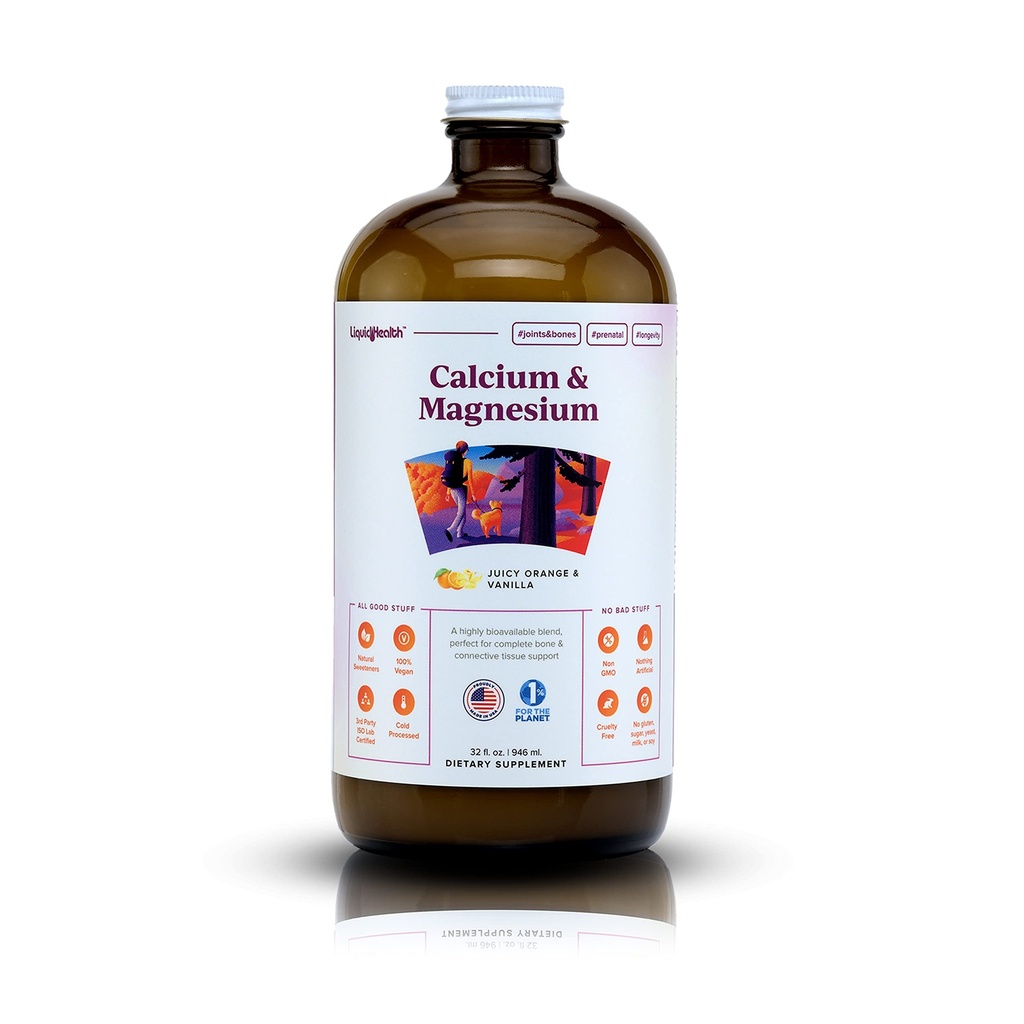 LIQUIDHEALTH Calcium & Magnesium Adult Liquid Vitamin Supplement - Οστό, αρθρώσεις, μύες, Connective Tissue Support, Heart Health, Essential Nutrients - Made in the USA, Vegan, Non GMO, No Sugar (32 oz)
