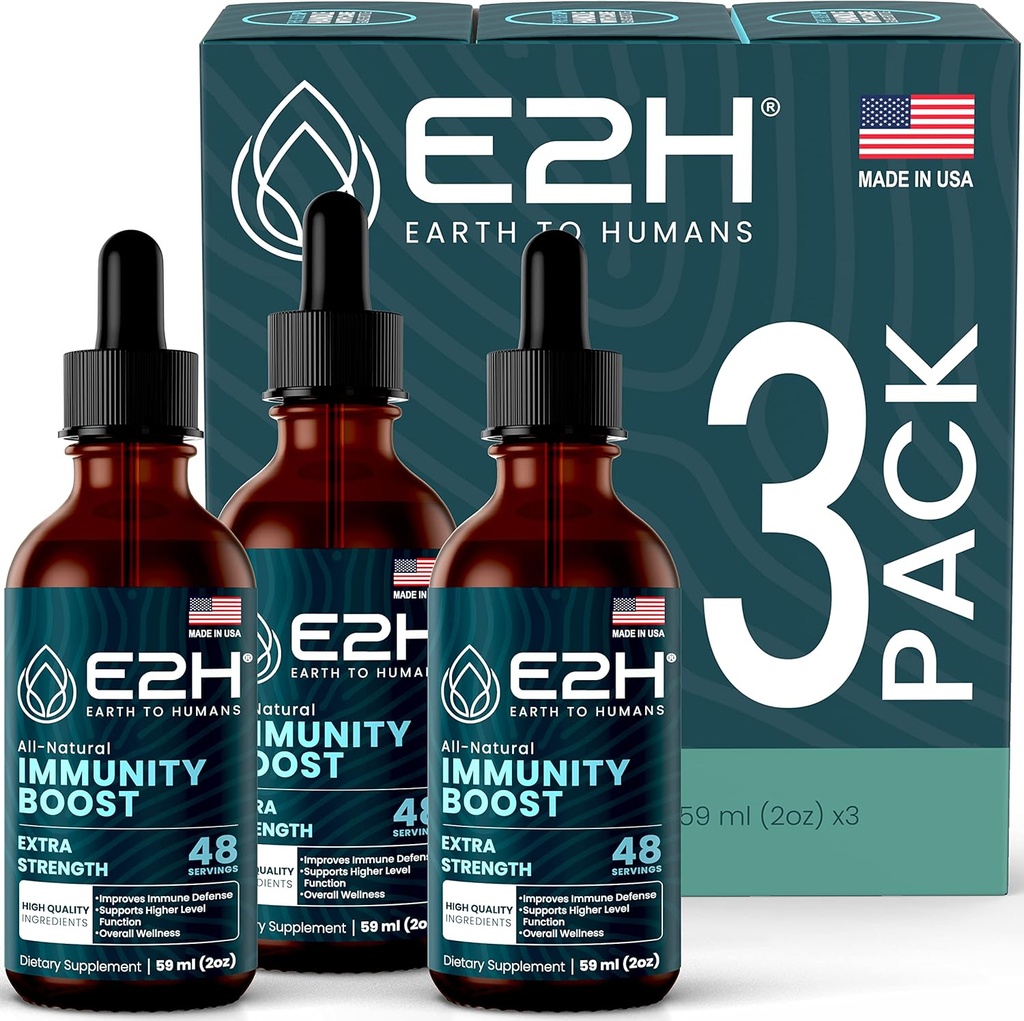 E2H Advanced Immune Defense Supplement - All-Natural Immune Booster - Immune Support Supplements Drops - Contains Holy Basil, Papaya Leaves and Red Banded Polypore - Non-GMO, Vegan - (3 Bottles)