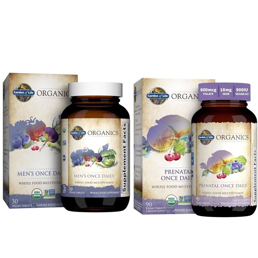 Garden of Life Organics Προγεννητική Βιταμίνη: Folate for Energy & Healthy Fetal Development & Organics Multivitamin for Men's Once Daily Whole Food Vitamin Supplement Tablets, Vegan, 30 Count