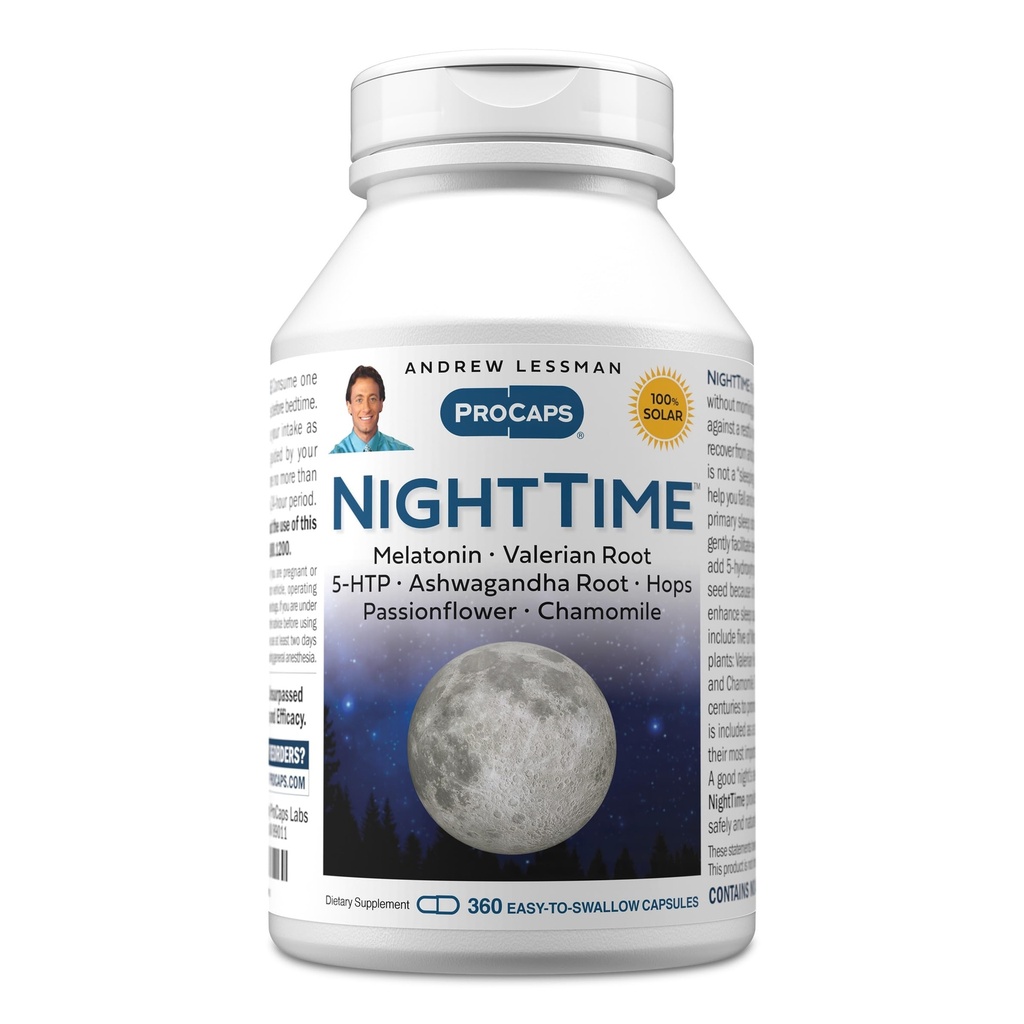 ANDREW LESSMAN Night Time 360 Κάψουλες - 3mg μελατονίνη, βαλεριάνα, Ashwagandha, Passionflower, λυκίσκος, χαμομήλι. Όχι Καλημέρα Γκρόγκινες. Φυσική Υποστήριξη, Ήπιος Ξεκούραστος Ύπνος. Εύκολο να καταπιείτε κάψουλες